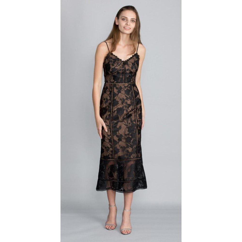 Marchesa Notte Black Guipure Lace Trumpet Midi Dress $895 - Picture 3 of 14